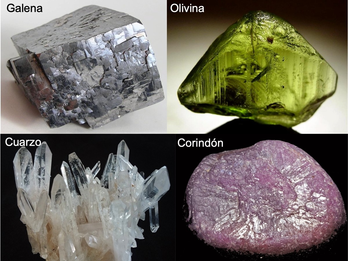 ejemplos de minerales galena, olivina, cuarzo, corindon