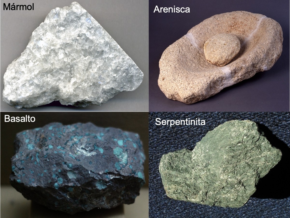 Ejemplos de rocas marmol, arenisca, basalto, serpentinita