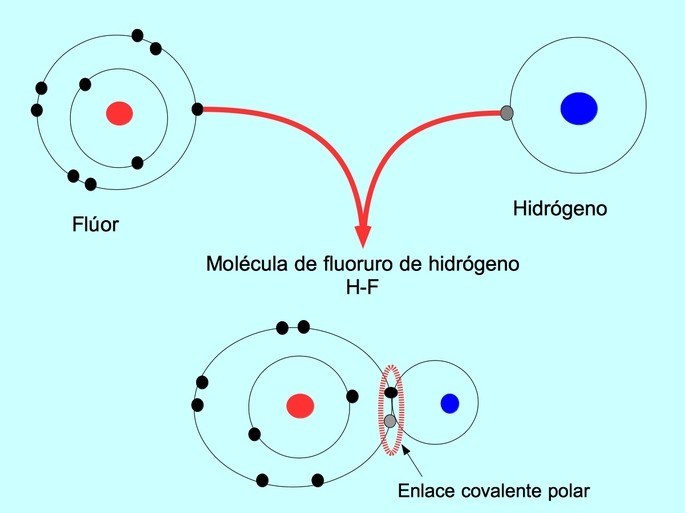 enlace covalente polar entre hidrogeno y fluor en el HF